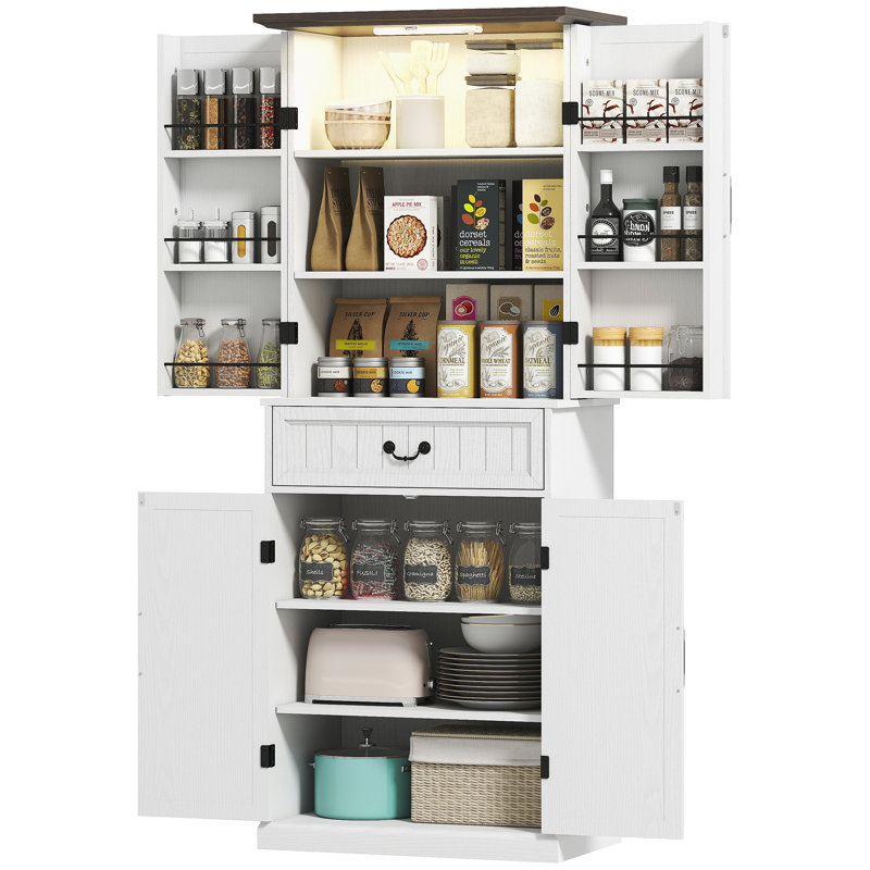 Armoire de cuisine 71 po à DEL avec tablettes de porte, blanc vieilli, Blanc