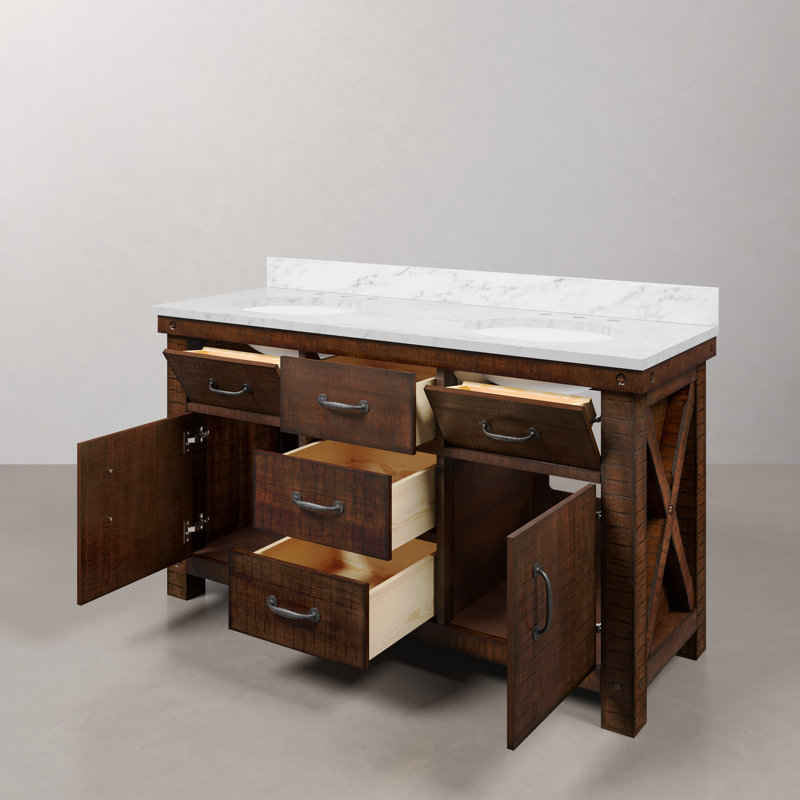Aberdeen 60 In. Double Sink Blue Limestone Countertop Vanity In Rustic Sierra With Mirrors, Rostic Sienna, Carrara White