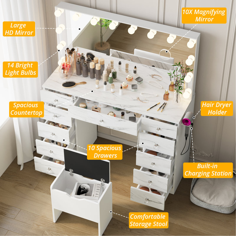 Coiffeuse avec 11 tiroirs et tabouret de rangement Greyden, Marbre blanc