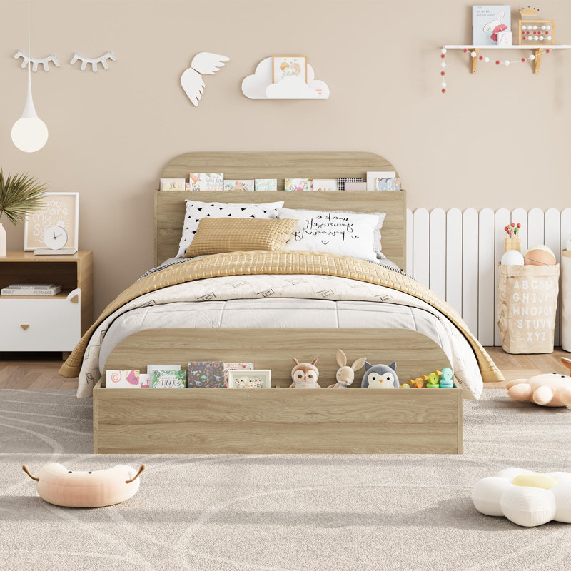 Structure de lit simple avec tête de lit, pied de lit surélevé et plateforme basse pour enfants, Naturel