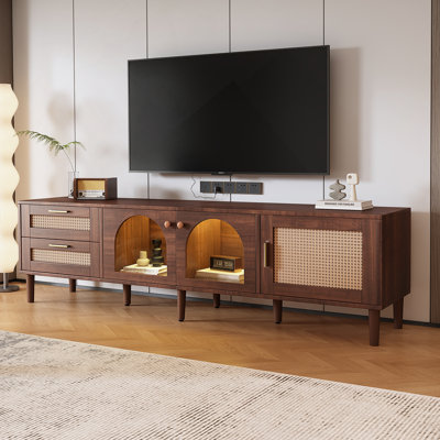 Multifunctional Rattan - Inspired TV Stand With Ample Storage, LED Light, Ideal For Entertainment And Home Organization