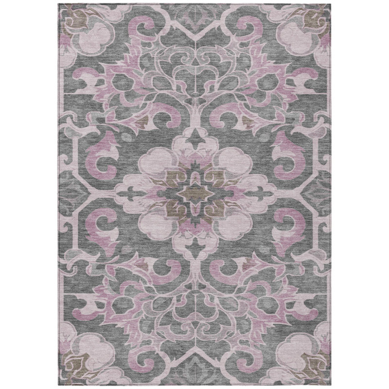 Tapis lavable intérieur et extérieur rose et gris anthracite 10 pi x 14 pi