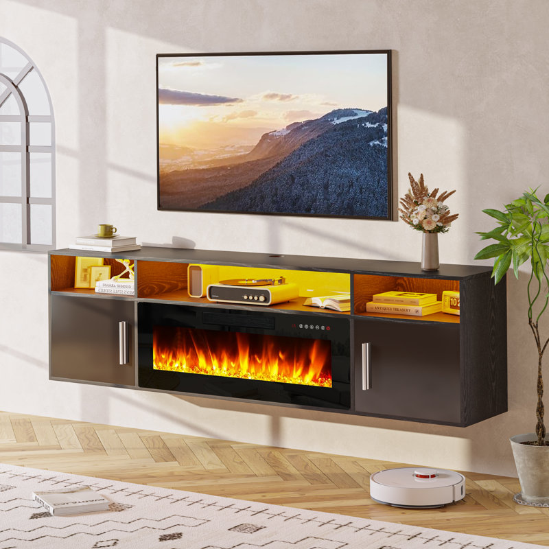 Alazik Floating TV Stand with 36" Electric Fireplace, Black/Black
