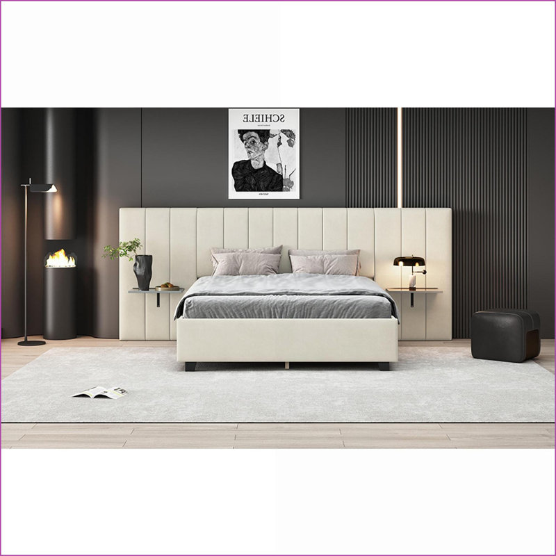 Grand lit plateforme tapissier en velours avec tête de lit grand et beige, sans sommier tapissier, Beige, Grand lit