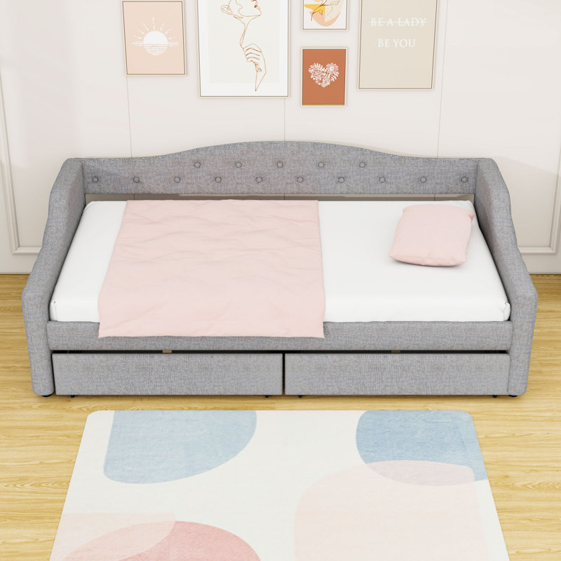 Twin XL Two Drawers Upholstered Daybed with LED Lights, Gray