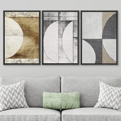 «Mid Century Shape Demi-Circle Polygon Collage», Abstrait, géométrique, illustrations, minimalisme - 3 pièces, cadre flottant, impression sur toile