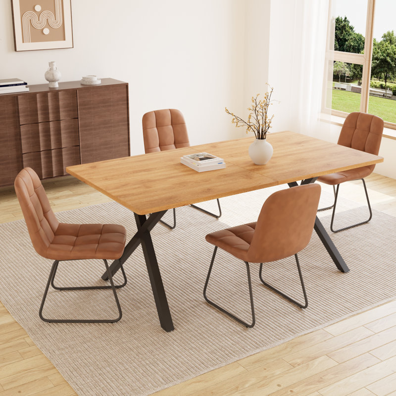 Costner 63" Modern Oak Dining Table Set For Small Spaces, 5-piece Set With Rectangular Table & 4 Padded Leather Chairs, Compact, Sturdy & Easy To Assemble