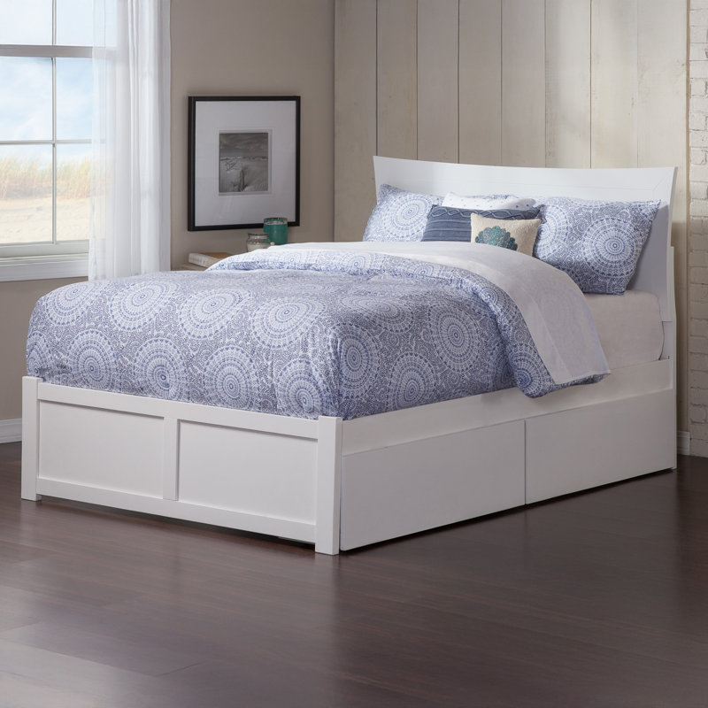 Flagg Solid Wood Storage Platform Bed with Footboard and Under Bed Drawers, White, Full