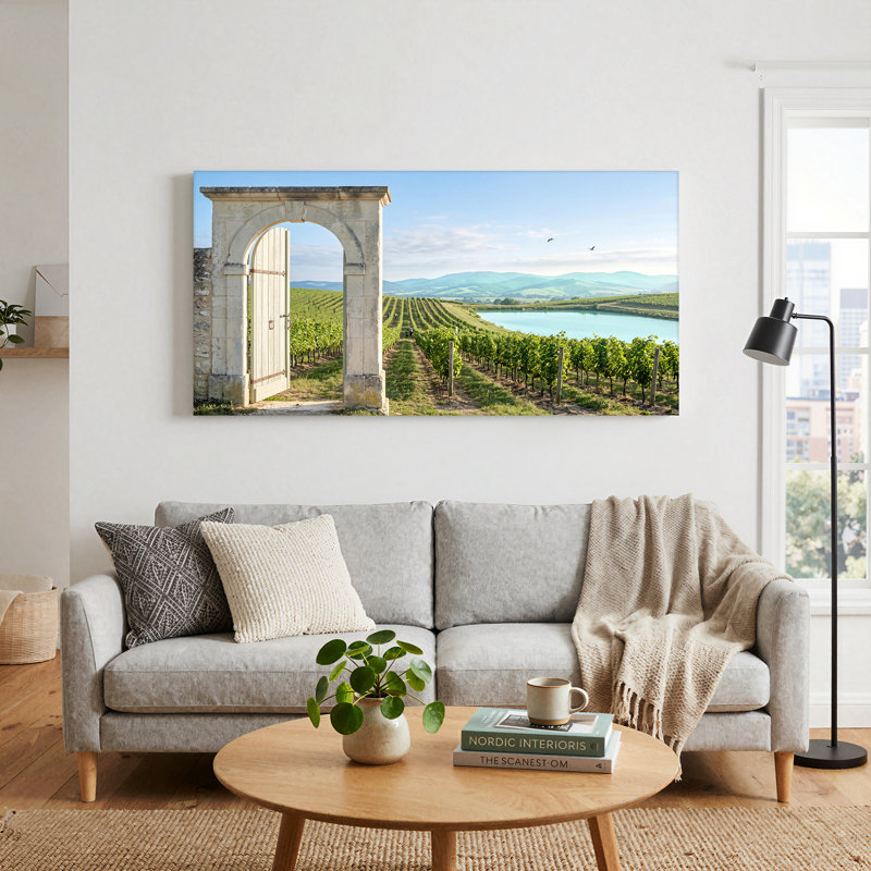 «Stone Archway View of Green Vineyard Rows and Blue Lake», art mural sur toile, L 40 po x H 20 po