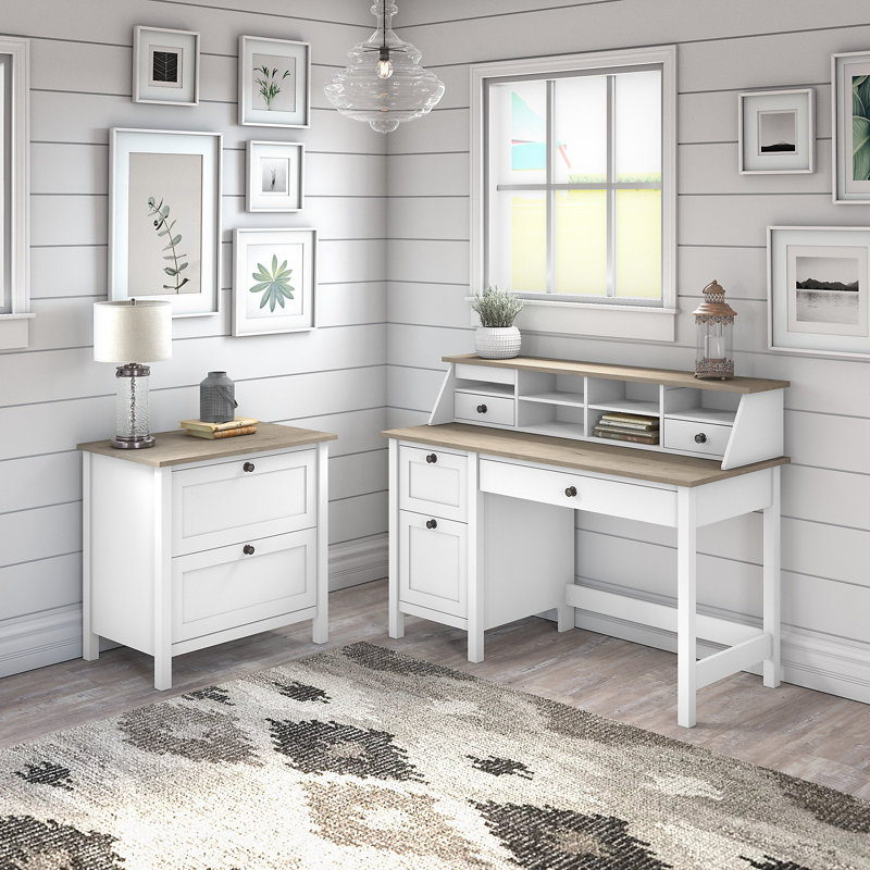 Bureau d'ordinateur 54 W avec tiroirs, organisateur de bureau et classeur latéral Aban en blanc pur et gris Shiplap