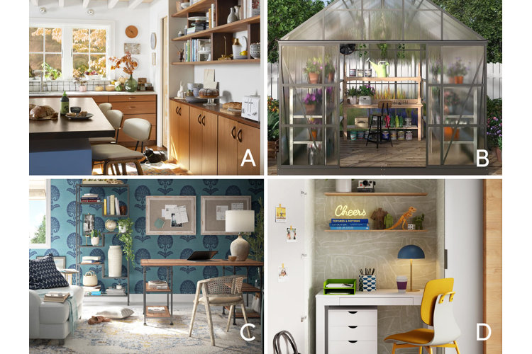 Collage of four different work spaces, a kitchen, a greenhouse, an artsy office, and modern study space.