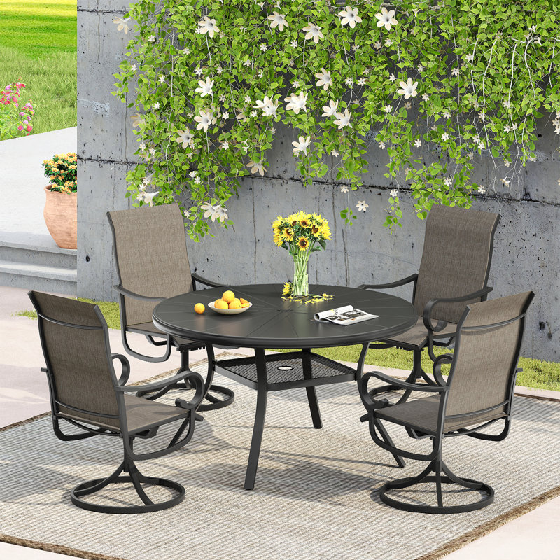 Ensemble de salle à manger en aluminium pour patio avec table ronde en aluminium et 4 chaises de salle à manger pivotantes en textilène