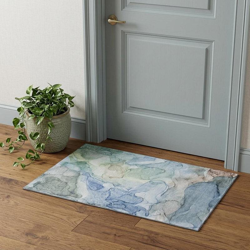 3' X 5' Blue And Ivory Abstract Washable Area Rug With UV Protection
