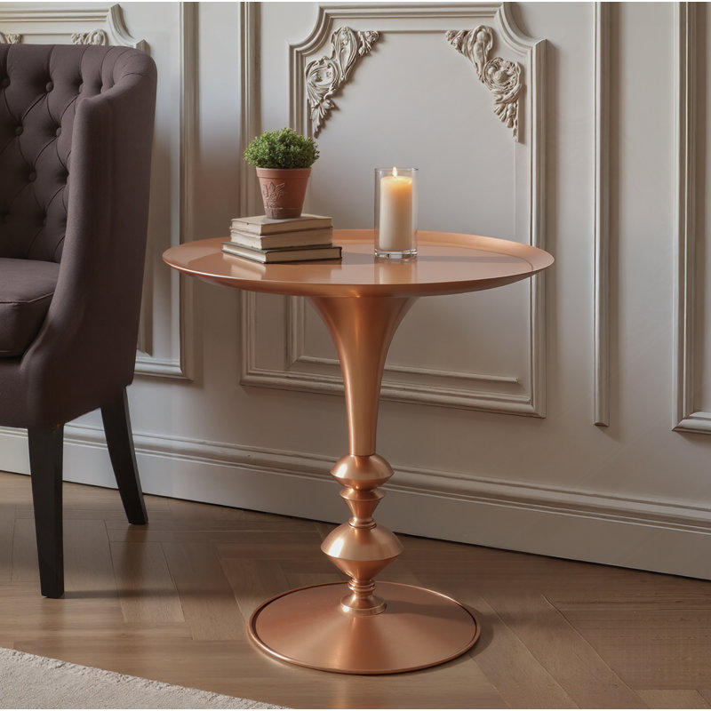 Petite petite table de bout ronde dorée, hauteur 29,3 po, décor métallique rétro