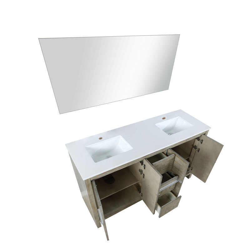 Ensemble de meuble-lavabo double 60 po avec miroir Lafarre, Acacia rustique, Marbre de culture blanc