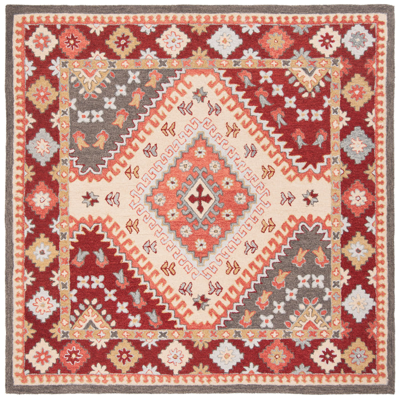 Tapis touffeté à la main en coton / laine rouge / ivoire Chadbourn, Carré 3 pi