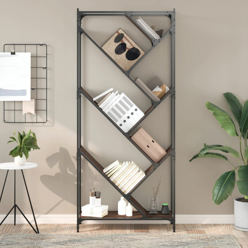 Brentford 180cm H x 79cm W Metal Geometric Bookcase, Brown Oak