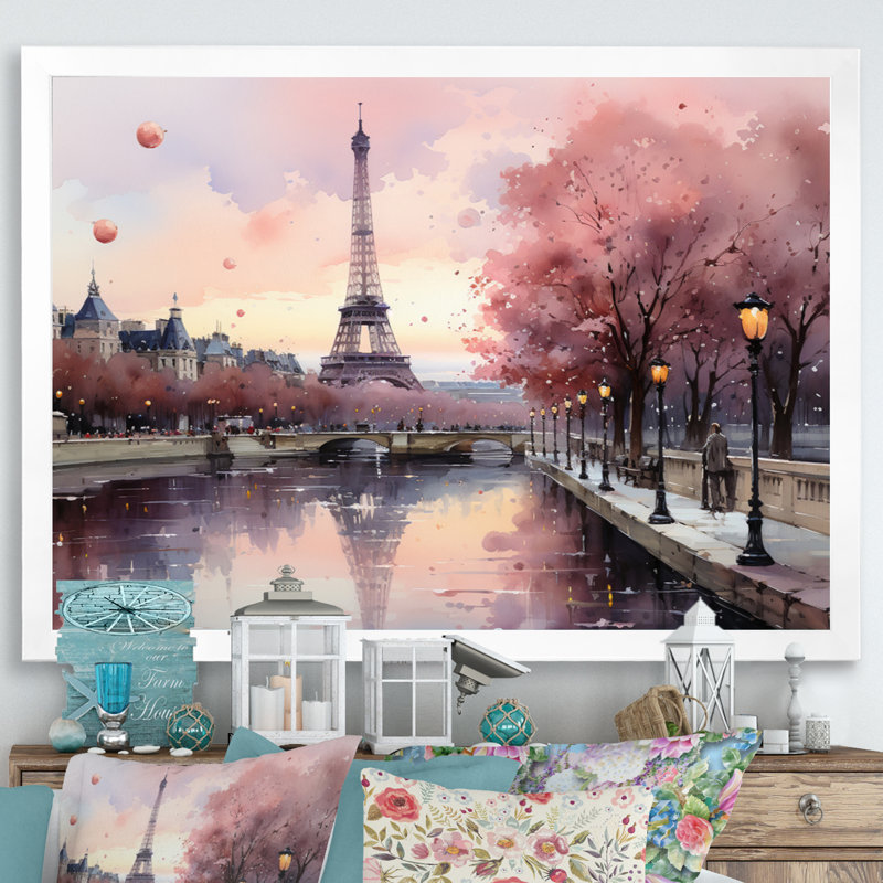 Pink Twilight Rendezvous in Paris II - Print, 34" H x 44" W, White, Single Picture Framed