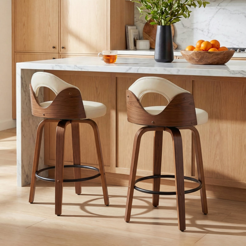 Leona Wooden Faux Leather Stools, Counter Stool (25.2” Seat Height), Beige