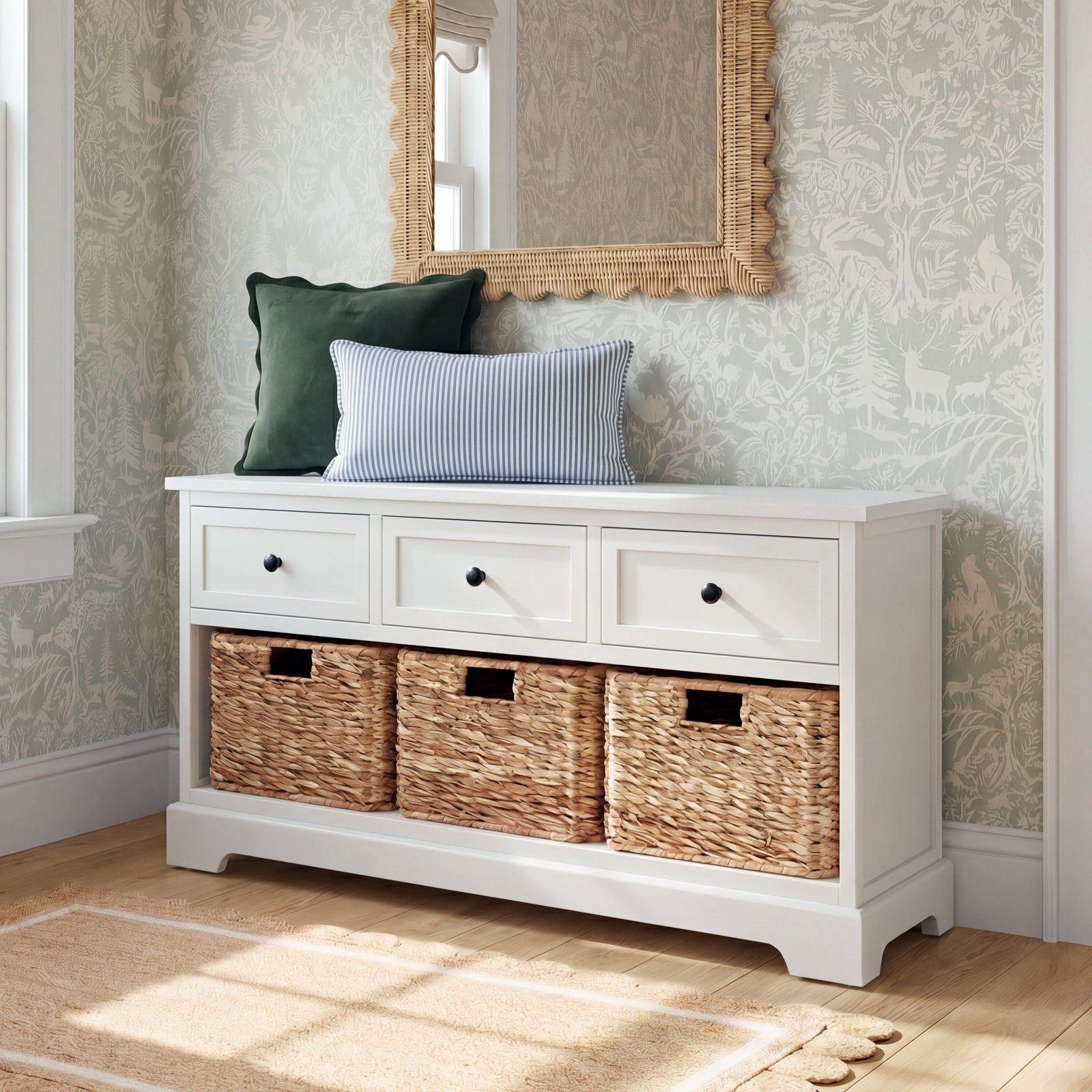 Adayla Solid Wood Drawers Storage Bench, Dusty Green