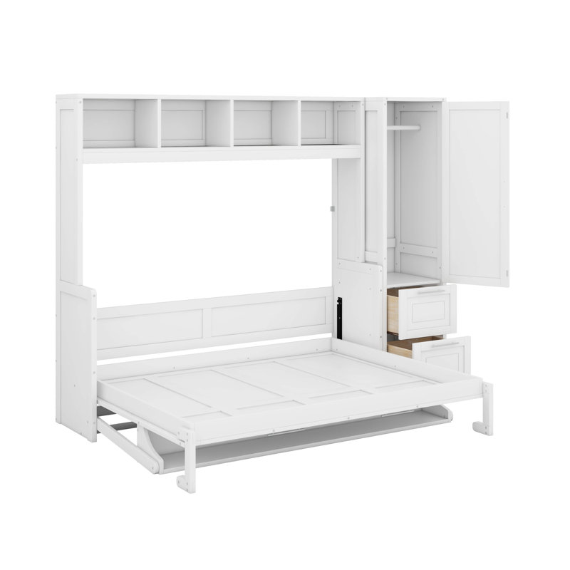 Lit escamotable double avec tiroirs et garde-robe, Blanc