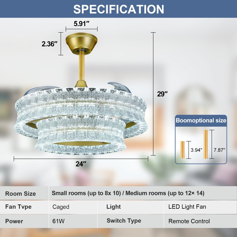Ventilateur de plafond à DEL 24 po à double onde en cristal texturé ondulé romantique à la main 24 po avec télécommande （Ampoules incluses）