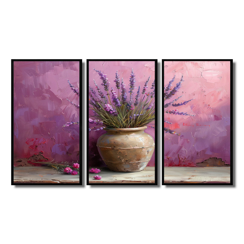 Ireene - Ensemble d'art mural lavande, Toile avec cadre flottant noir, H 40 po x l 60 po x P 1 po