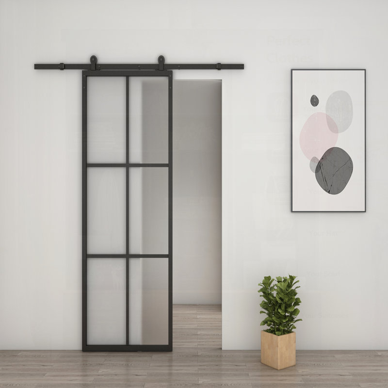 Porte de grange coulissante intérieure en aluminium noir en verre givré 6-Lite avec trousse de quincaillerie, parfaite pour les espaces modernes et minimalistes