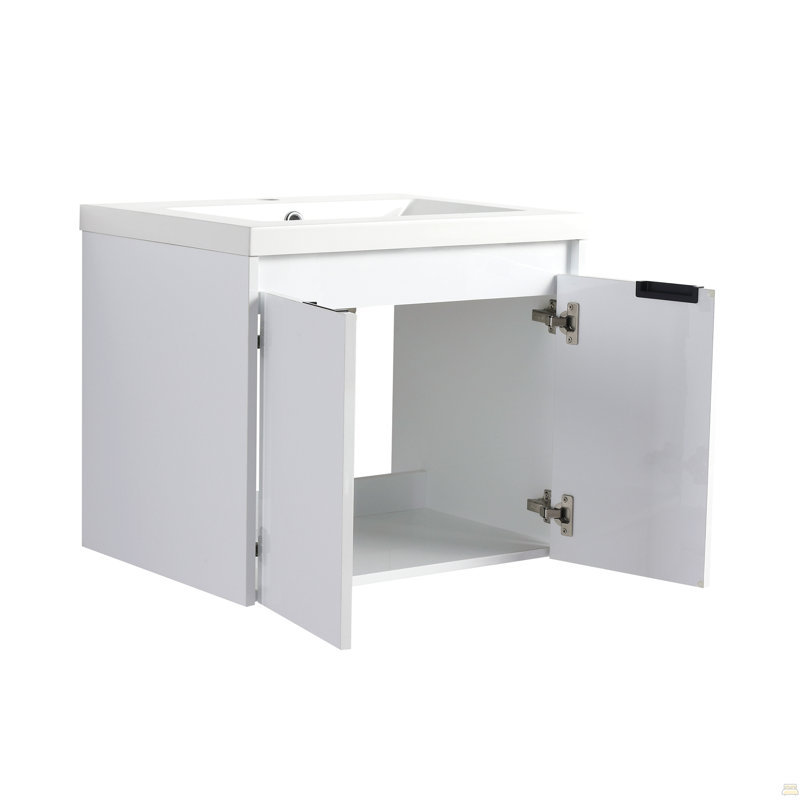 Meuble-lavabo de 60 po avec lavabo en résine, portes à fermeture en douceur et 1 armoire latérale, conception à fixation flottante, blanc brillant, contreplaqué (emballage KD) - 24 po x 2 + 12 po