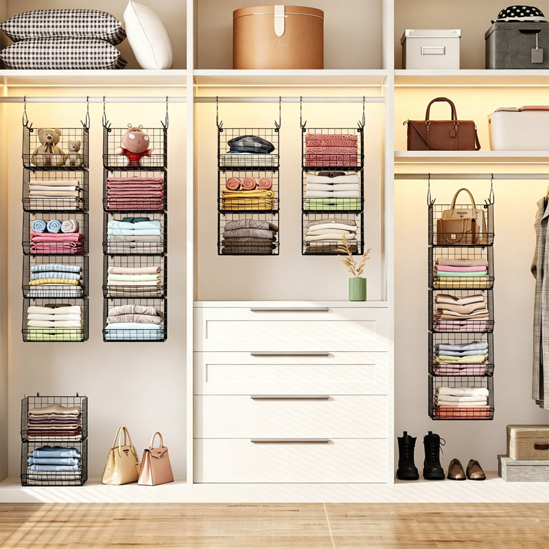 Organisateur de penderie à 5 niveaux, étagères à vêtements avec 4 crochets de suspension, crochets à 5 s, paniers de rangement en fil métallique, pour chandails à vêtements, chaussures, sacs à main, embrayages, accessoires, brevet