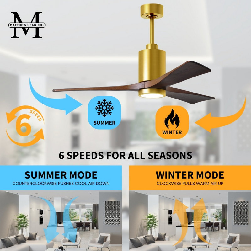 Patricia LED Downrod Ceiling Fan, Brushed Brass, Walnut Tone, 42"