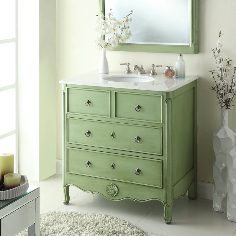 Nallely 34'' Single Bathroom Vanity with Marble Top, Distressed Green