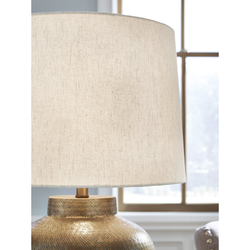 Antique Gold Hammered Aluminum Table Lamp with Beige Shade