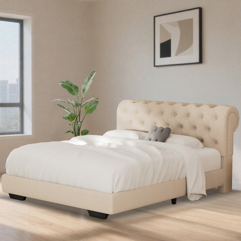 Structure de lit rembourrée en tissu de lin avec tête de lit réglable / style Chesterfield / support à lattes de bois, Beige