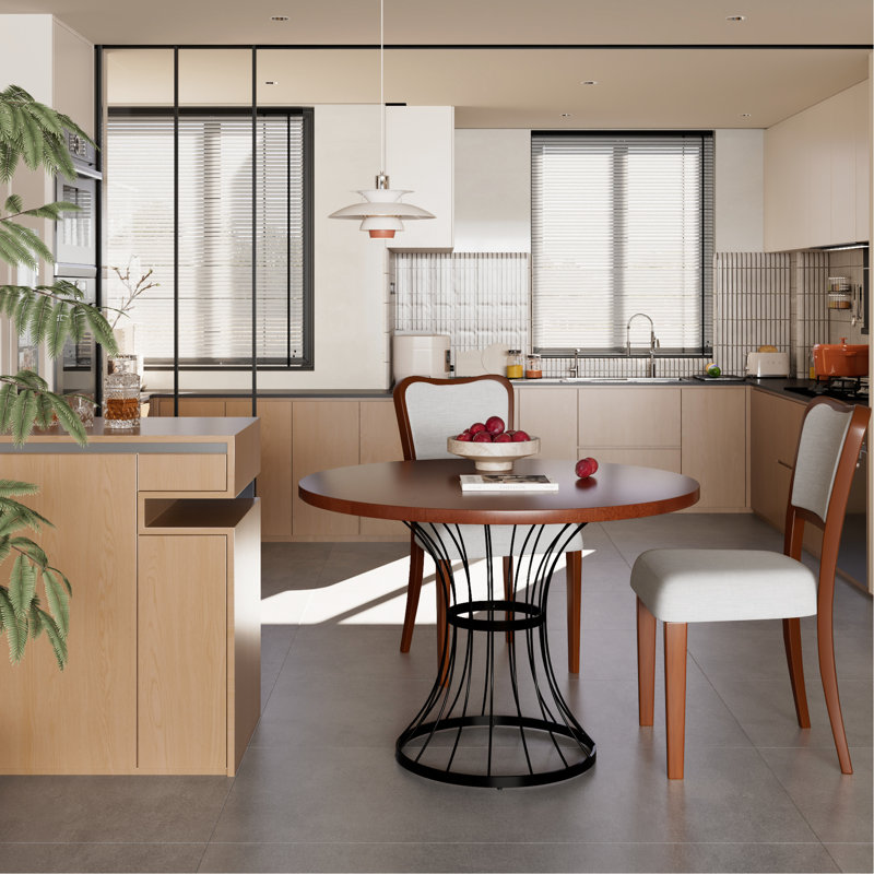Ensemble de salle à manger rond de 107 cm (42 po) en placage chêne massif aspect bois, avec 2 chaises en noyer et piètement en fer de style industriel. Mobilier de cuisine 3 pièces : table, chaises rembourrées et piètement de bureau.