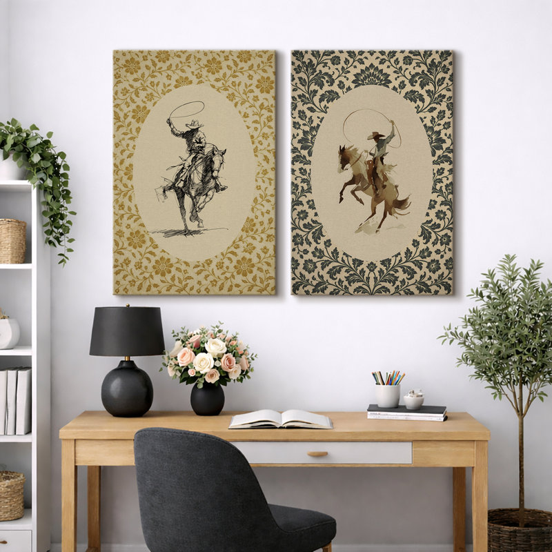 Art cowboy, cowboy de style occidental, impression sur toile encadrée, 2 pièces, H 36 po x l 48 po x P 1,5 po, Wrapped Canvas