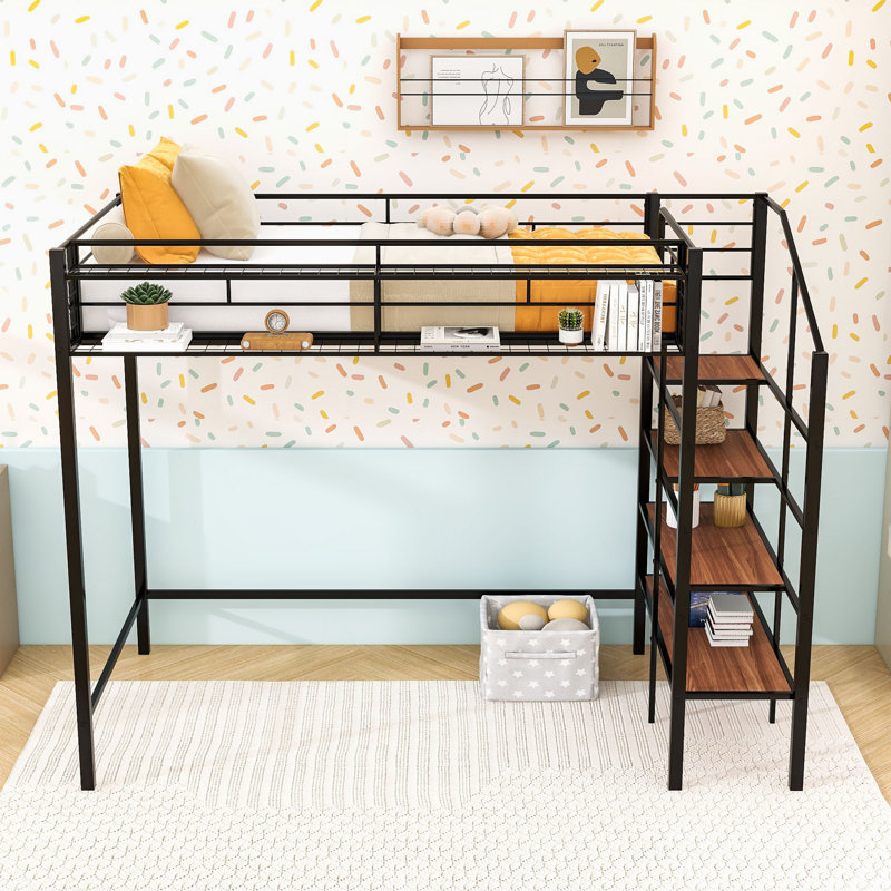 Twin Size Metal Loft Bed With Integrated Storage And Contemporary Design, Black