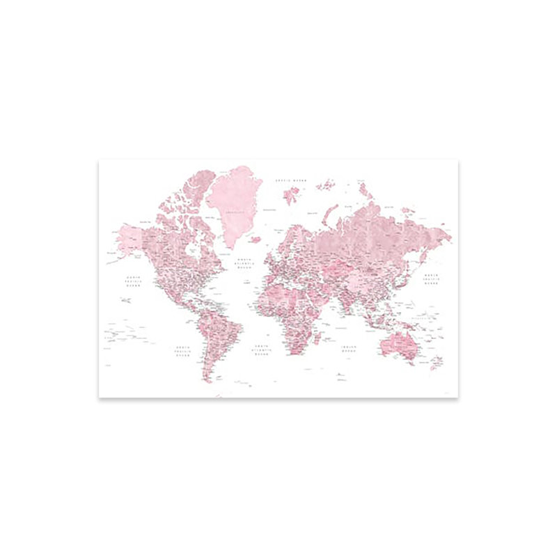 Carte du monde détaillée avec aquarelle rose «Melit» par Blursbyai - impression sans cadre, H 16 po x l 24 po x P 0,25 po