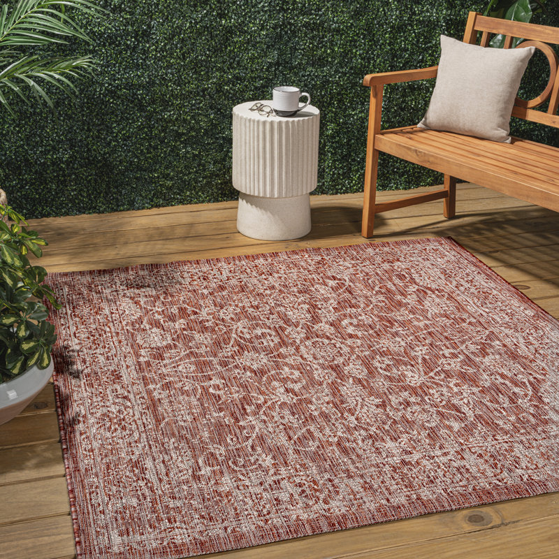 Leonora Bohemian Textured Weave Floral Red/Taupe Indoor/Outdoor Rug, Square 9'
