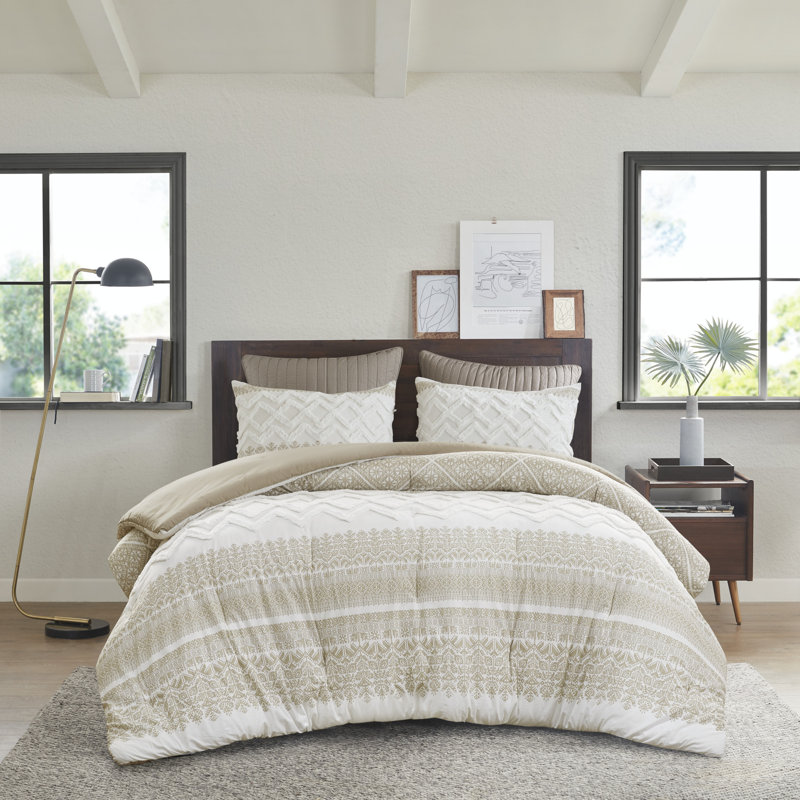 Taupe and White Cotton Full Comforter Set with Chenille Tufting