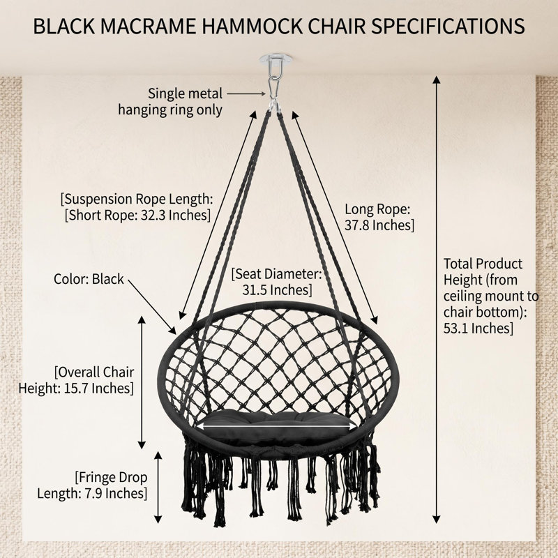Balancelle stable en macramé, fauteuil suspendu pour chambre à coucher avec coussin moyen, balancelle robuste pour chambre à coucher avec structure en acier d'une seule pièce