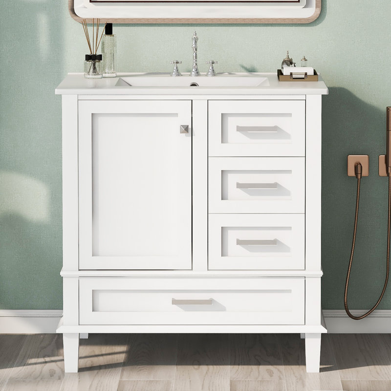Meuble-lavabo de rangement simple avec comptoir en céramique, Blanc, 30"