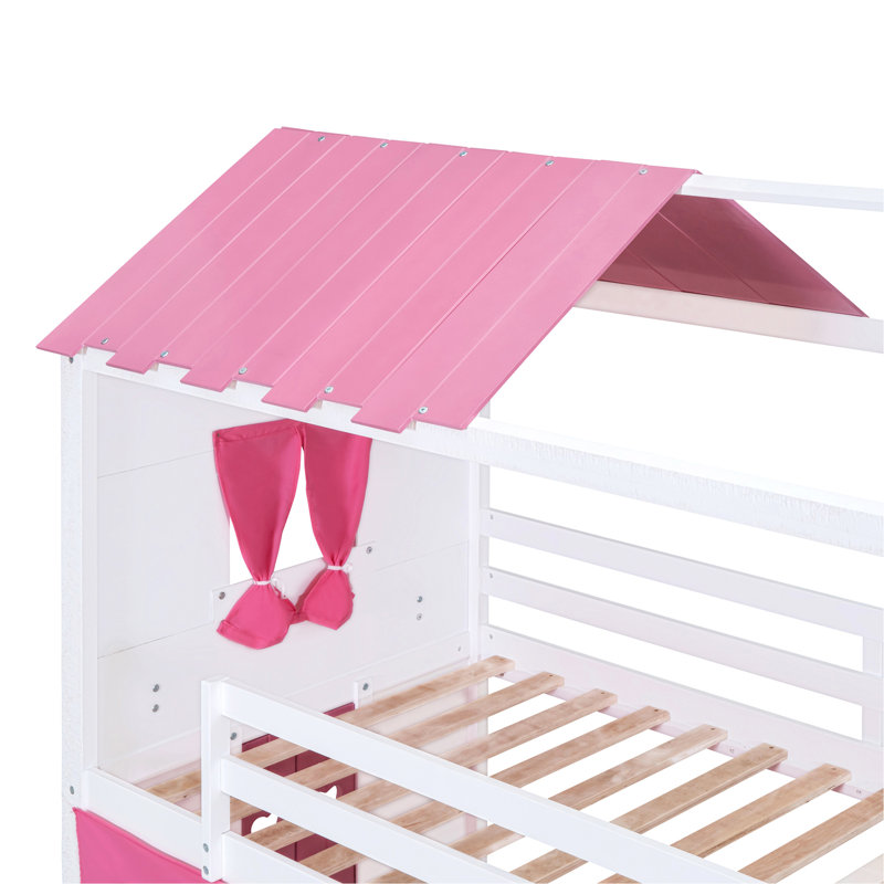 Lit simple superposé en bois avec lits élégants, rebords et tente, Rose/Blanc