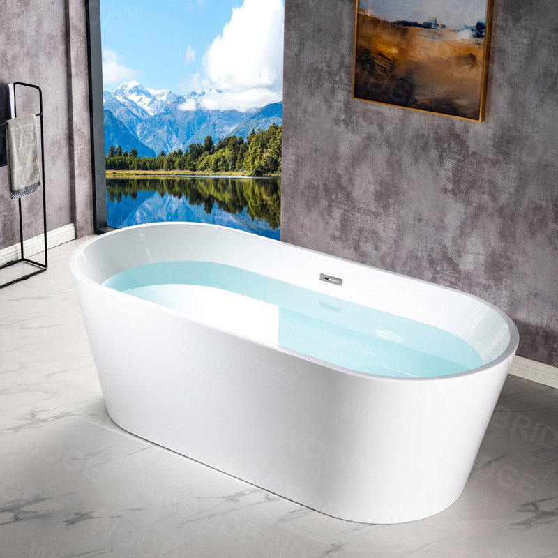 Baignoire de trempage autoportante en acrylique 71 po x 31,5 po, Blanc / chrome poli