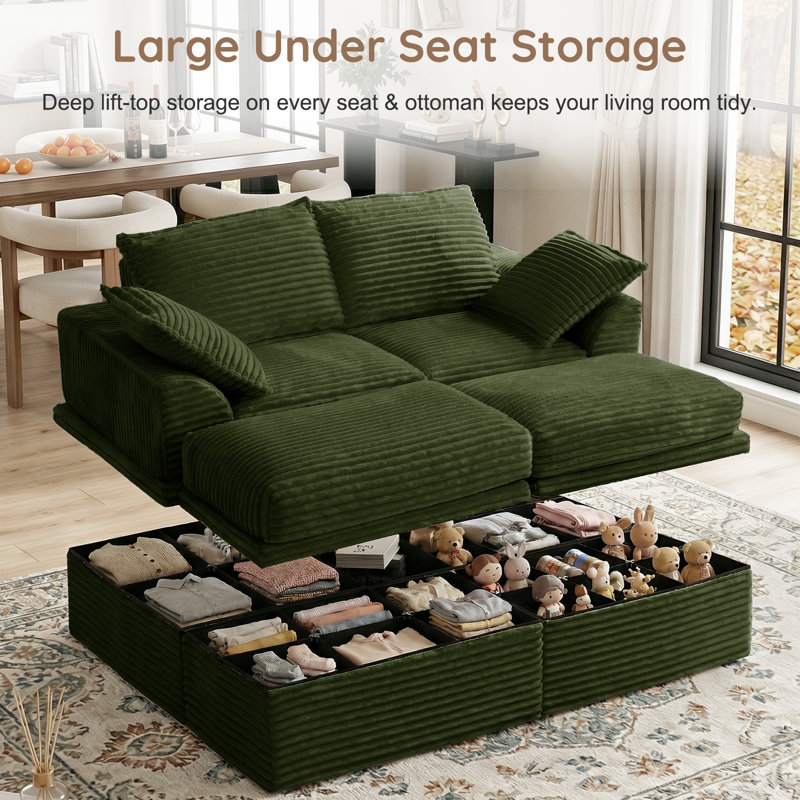 Oversized Corduroy Sectional Loveseat Sleeper Sofa, 4-Piece Modular Couch with Storage, 2 Ottomans & 2 Pillows for Living Room & Apartment, Easy Assembly Required