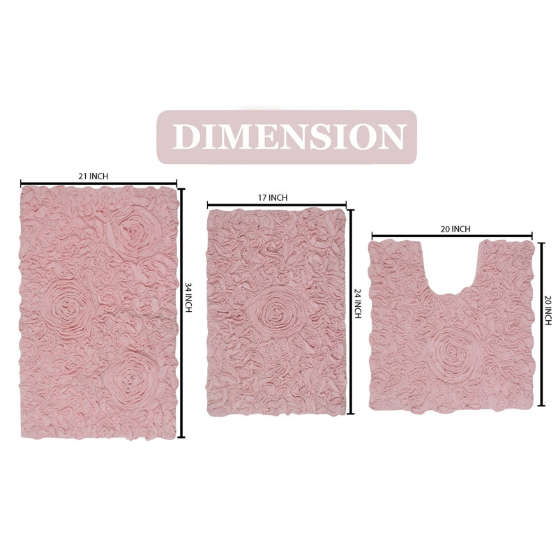 Freida Plush Floral Bath Rug Set (Set of 3), Pink