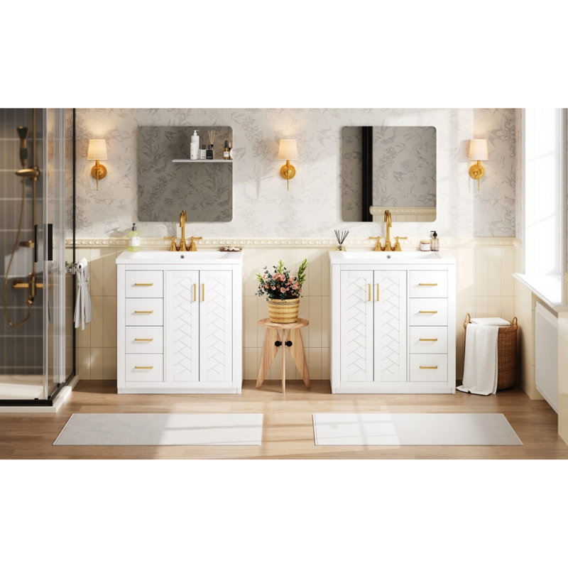 Armoire de rangement de salle de bain en céramique 60 po, structure en bois massif, tiroir à fermeture en douceur et système de porte pour une utilisation silencieuse, finition à l'eau sur toutes les surfaces de porte