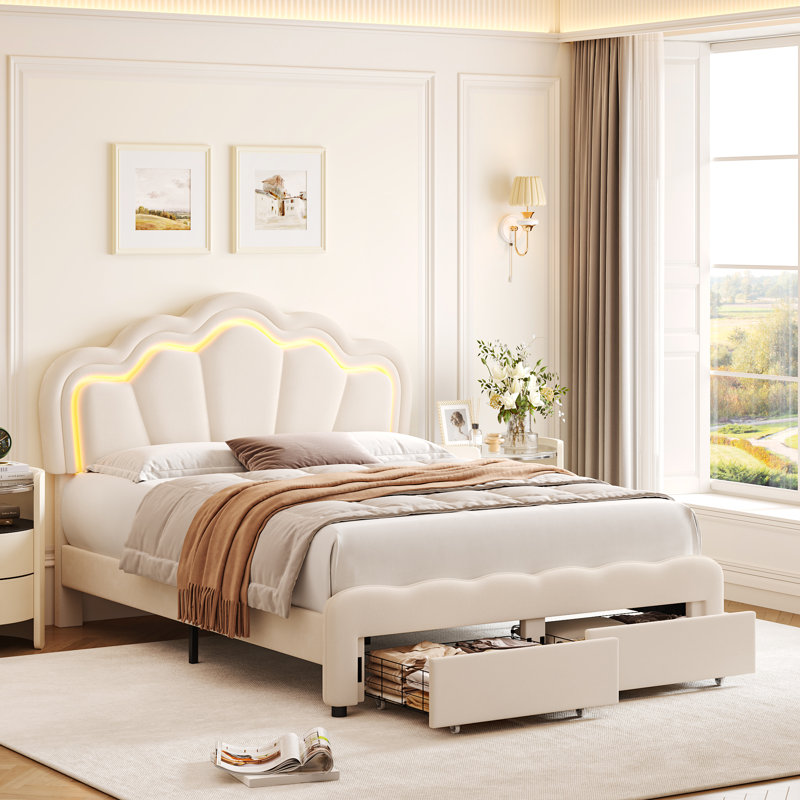 Avalie Upholstered LED Kids Bed with Drawer & Adjustable Headboard, Full, Cream