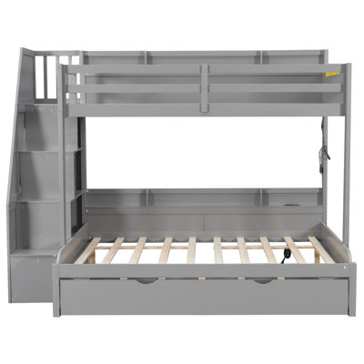 Twin over Full Bunk Bed with Storage Staircase, Trundle & Shelves – Space-Saving Kids Bed, Grey