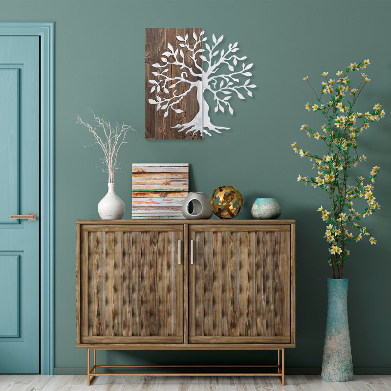 Accessoire mural décoratif en bois 22,8 po x 22,8 po | 50% bois de noyer véritable (épaisseur: 1,2 po) et 50% métal (épaisseur: 0,06 po), poids léger à 7,2 lb | Variations de couleurs uniques, parfaites pour la décoration de la maison et du bureau
